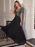 Vestido De Noche Con Cuello En V Y Secuinas De Contraste Nuevo Vestido Largo Elegante Para Mujer Con Corte Slim Y Sequinias - details 4
