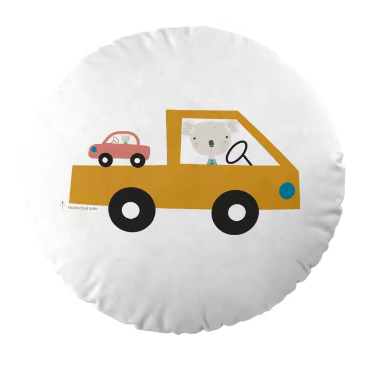 COJIN REDONDO INFANTIL CON RELLENO COCHES 40 CM DIAMETRO HACIENDO EL INDIO FABRICADO EN ESPAÑA - 1