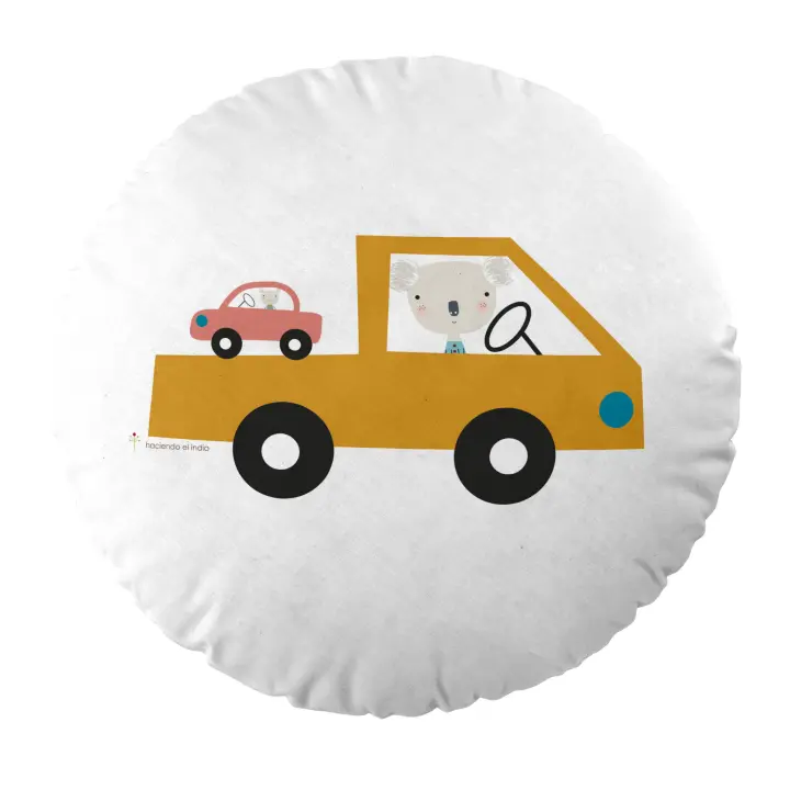 COJIN REDONDO INFANTIL CON RELLENO COCHES 40 CM DIAMETRO HACIENDO EL INDIO FABRICADO EN ESPAÑA - 1
