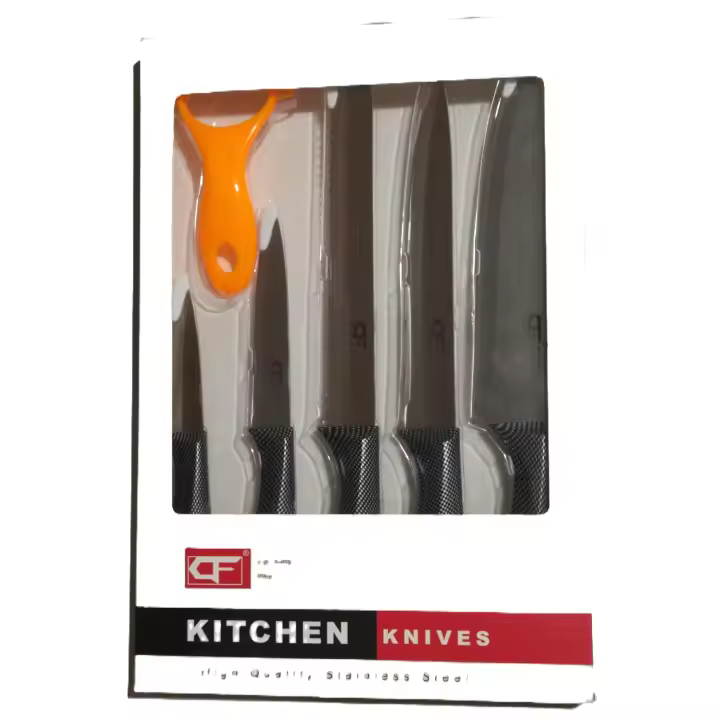 Juego de 6 cuchillos de chef antiadherentes de acero inoxidable para barbacoa y cocina (5 cuchillos + pelador) - 1