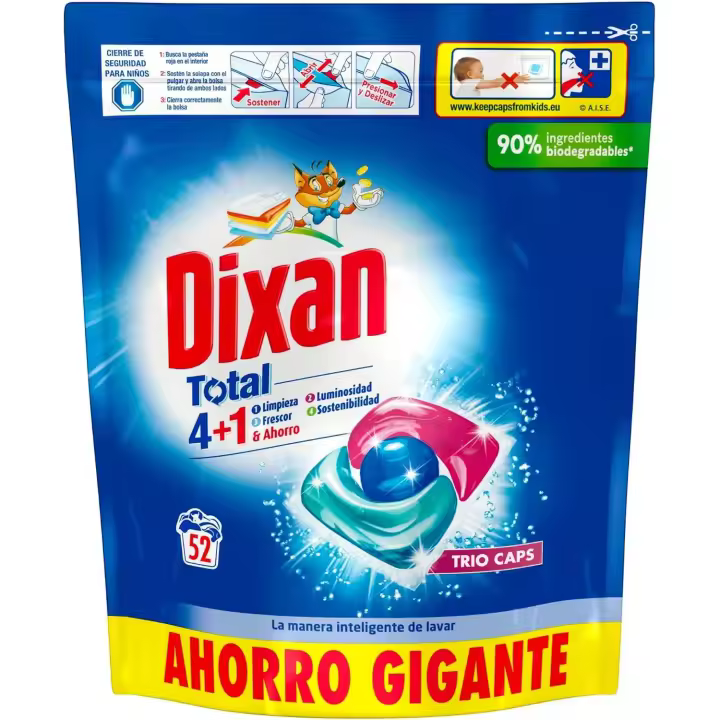 Dixan Total 4+1 Detergente en Cápsulas para Lavadora (52 lavados), jabón para ropa blanca y clara, limpieza, luminosidad y frescor en un detergente - 1