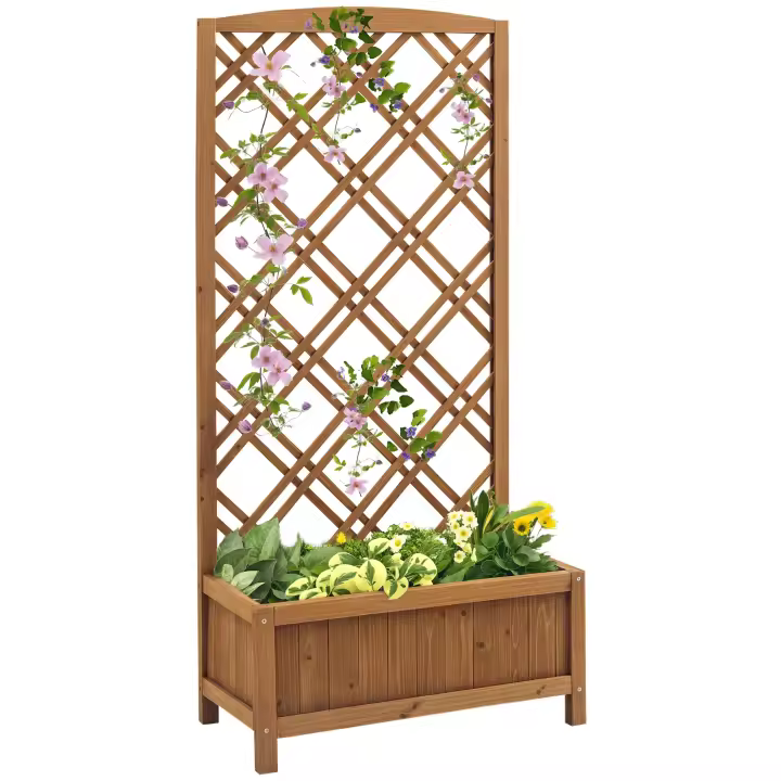 Outsunny Jardinera con Enrejado Jardinera con Celosía de Madera Macetero con Soporte para Trepadora Cultivos Plantas en Exterior Terraza Jardín Balcón 60x30x122,5 cm Natural - 1