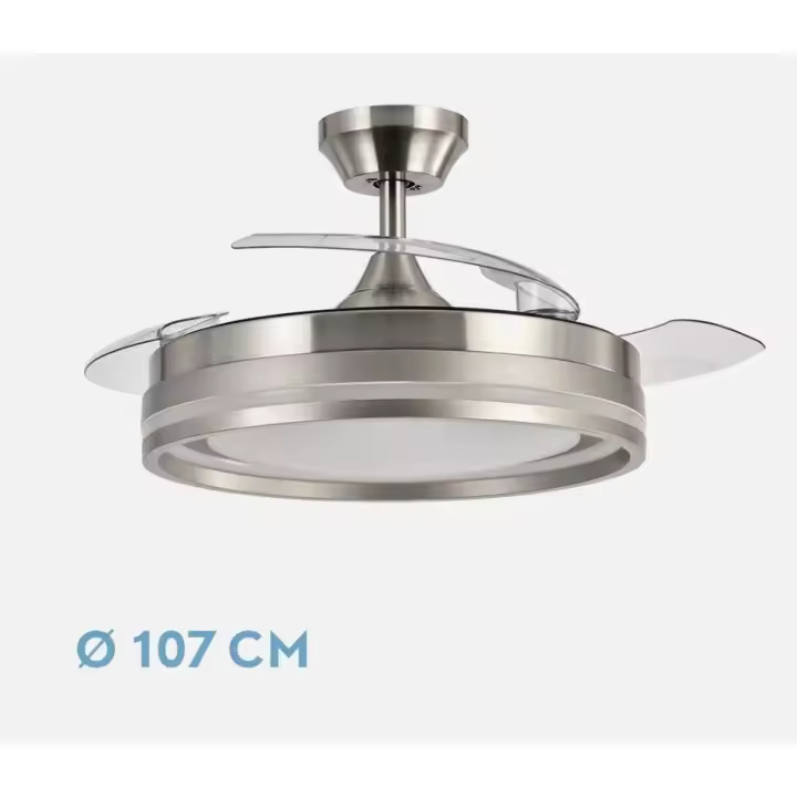 FABRILAMP PREMIUMVentilador Dc Cerrato Niquel 72w 3aspas Desplegables 107d 7200lm 6vel 3000k,4500k,6000k, Remoto+temporizador+memoria Incluye mando a distancia y dos tijas de 10 y 25 centímetro Productos originales calidad de confianza - 1