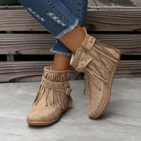 Botines De Otoño Para Mujer Zapatos Planos Botas De Tobillo Retro En Cuero Suelto Con Borlas Punta Redonda Suave Casual - details 15