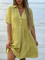 Vestido Mini Rojo Solido De Verano Para Mujer Con Volante Y Botones Estilo Casual Corto Manga Regular Cuello V Vestidos De Playa - details 2