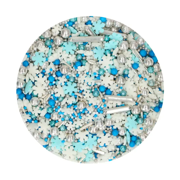 SPRINKLES FUNCAKES - FROSTY 65 G - Mezcla de Copos de Nieve Blancos y Azules - Palitos de Azúcar XL Plata Metalizado - Nonpareils Blancos y Azules - Perlas Plata y Azul Metalizado - Espolvoreo Duro - 1
