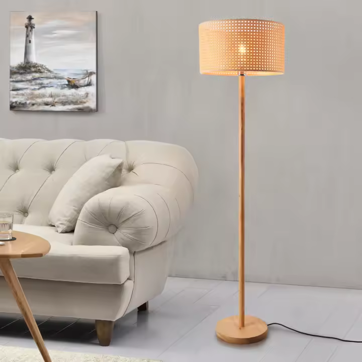 Lámpara de pie Rochdale 1xE27 60 W madera/ratán 154 x Ø 40 cm natural/marrón amarillento [lux.pro] - 1