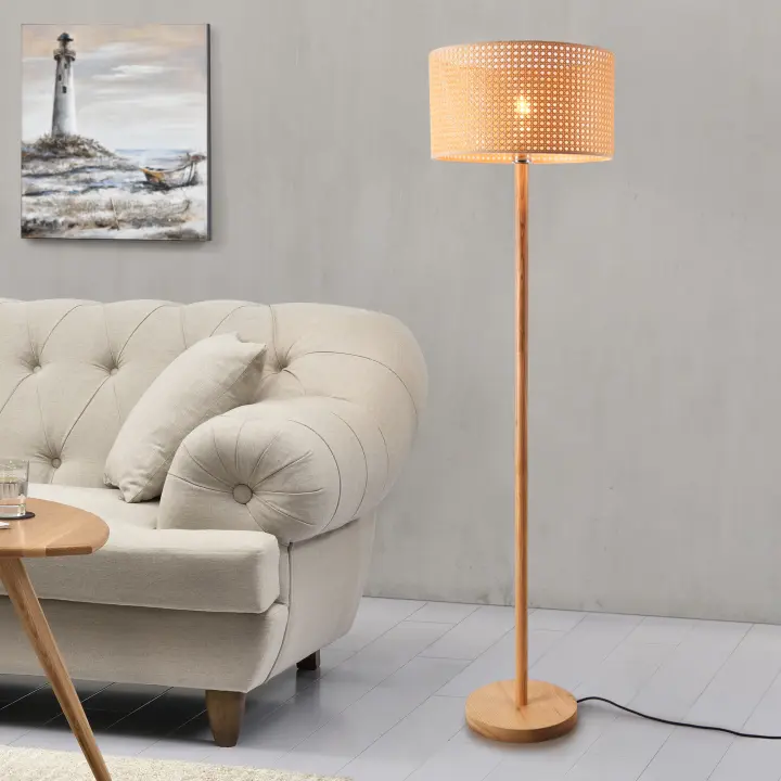 Lámpara de pie Rochdale 1xE27 60 W madera/ratán 154 x Ø 40 cm natural/marrón amarillento [lux.pro] - 1