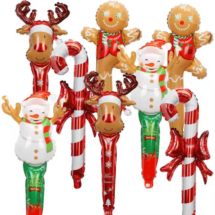12 piezas de globo inflable navideño, palo inflable para globo, palo inflable navideño, muñeco de nieve, hombre de jengibre, patrón de alce para juego de fiesta - 1