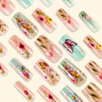 24pcs/set Uñas Postizas Largas Medias Falsas De Cuadrado Ballet Con Flores Y Mariposa Azul Verde Para La Temporada De Primavera Y Verano - details 45