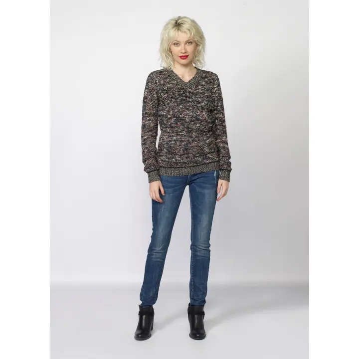 Koroshi - Jersey de mujer punto grueso cuello pico jaspeado multicolor en tonos tierra, teja, crudo y negro con algodón y cachemira 95/5 - 1