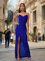 Vestido De Noche Elegante Para Mujer Con Vuelta Y Lentejuelas Vestido De Fiesta De Graduación Y Baile De Prom Sin Mangas Cuello En V Sin Espalda Largo De Pierna - details 6