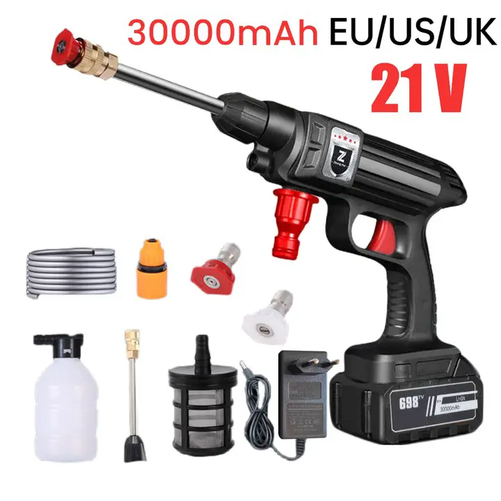 1500W 30BAR Pistola de lavado de coche de alta presión inalámbrica portátil, Lavado de coches, utensilios de limpieza doméstica boquilla ajustable con batería de iones de litio, gran volumen - 1
