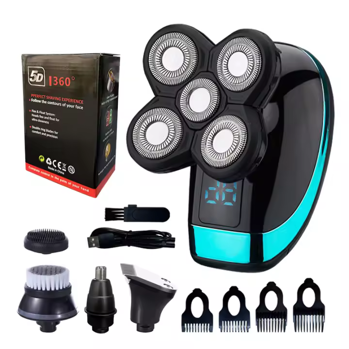 Afeitadora Eléctrica 5 En 1 Para Hombres Cabeza Lisa Cortador De Pelo Nariz Trimmer Hoja Bicolor Flotante Cuchilla Recargable Razor - 1