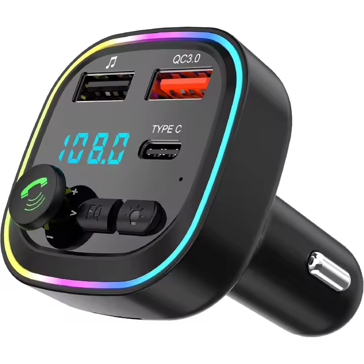 Transmisor FM Bluetooth 5.3, Adaptador inalámbrico Manos Libres para Coche, P4-QC3.0 Carga Rápida Reproductor MP3 Bluetooth inalámbrico, 2 USB+1 Tipo C, Llamadas Manos Libres, Soporte USB y Tarjeta TF - 1