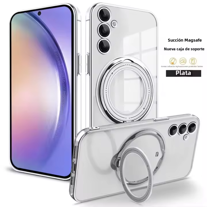Funda Transparente Magnética Para Samsung Galaxy A55 A25 A35 A15 A05 S A54 A34 A24 A14 A53 A23 A52 Con Anillo Soporte Platinado Compatible Con Carga Inalámbrica Magsafe Protección De Cámara - 1