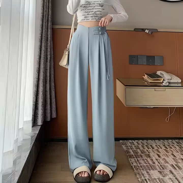 Pantalones Anchos De Pierna Para Mujer Cintura Alta Botones Elegante Minimalista Ajuste Regular Todo El Año Talla Grande - 1