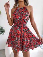 Vestido De Verano Casual Para Mujer Con Estampado Floral Y Volantes Estilo Halter Largo Mini Polyester Slim Fit Y Flare - details 7