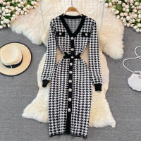 Vestido Largo De Punto Vintage REALEFT Para Mujer Cuello V Manga Larga Botones Estilo Clásico Otoño Invierno Talla Regular - details 17