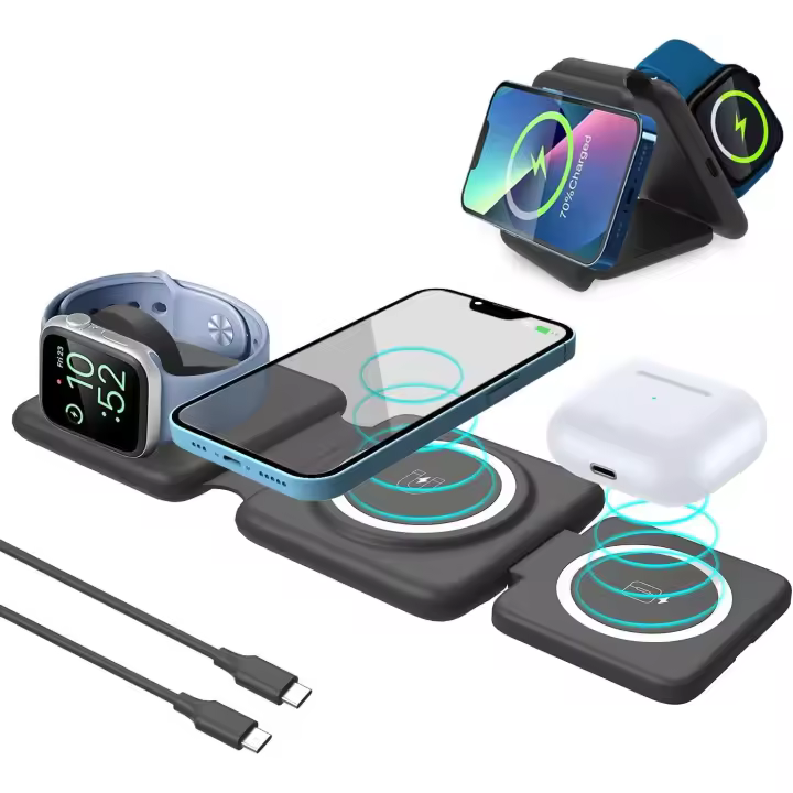 Estación de carga magnética 3 en 1, Cargador portátil plegable, almohadilla de carga magnética para iPhone, Apple Watch, AirPods, adaptadores no incluidos (Negro) - 1