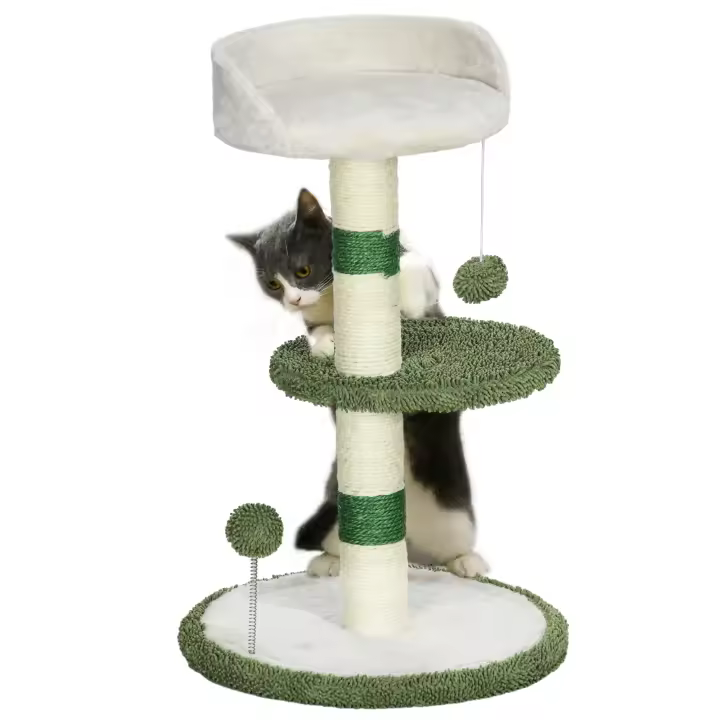PawHut Rascador para gatos pequeño, redondo, 64 cm, con zona de descanso, pelota de juguete, rascador de sisal para gatos, poste de escalada para gatos de hasta 4 kg, muebles para gatos, blanco, verde - 1