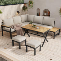 Juego de Muebles de Jardín with Cojines Cómodos: Sofá 3 Plazas, 2 Sillas, 2 Mesas de Café - Encimeras Vidrio Lacado y Madera de Plástico, Acero Galvanizado, Color Gris - details 0