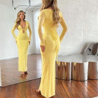 Vestido Largo De Mujer Con Cuello En V Profundo Y Malla De Encaje Sensible Al Viento De Color Sólido Talla Slim Para Fiestas Y Clubes - details 1