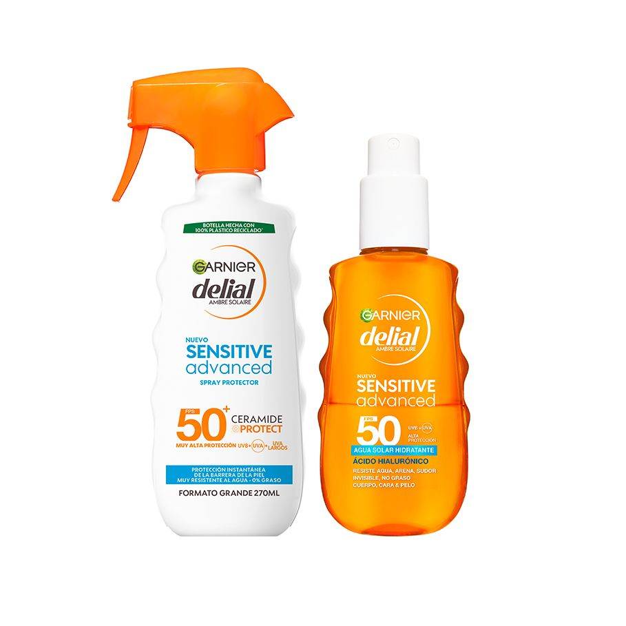 Garnier | Delial Spray Protector Sensitive Advanced Adultos crema solar para pieles claras, sensibles e intolerantes al sol IP50+ 270ML + Delial Sensitive Advanced Agua Solar Hidratante FPS 50 - Protege, hidrata y refresca con ácido hialurónico 150ml