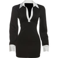 Vestido De Oficina Elegante Para Mujer Nibber Polo Cuello Redondo Patchwork Manga Larga Moda Sencilla De Calle Mini Bodycon - details 1