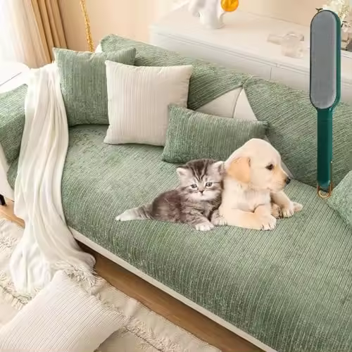 Funda para sofá antiarañazos de chenilla a rayas simples, funda protectora para muebles de tela de chenilla en espiga, funda para sofá antideslizante de chenilla de color sólido (verde, almohada de 30x50) - 1