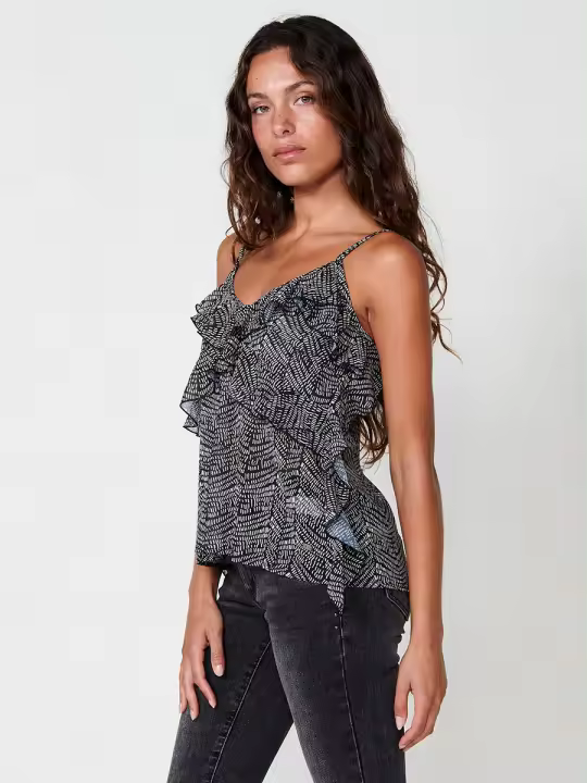 Koroshi Blusa Semitransparente Multicolor para Mujer con Escote Pico y Detalles de Volantes - 1