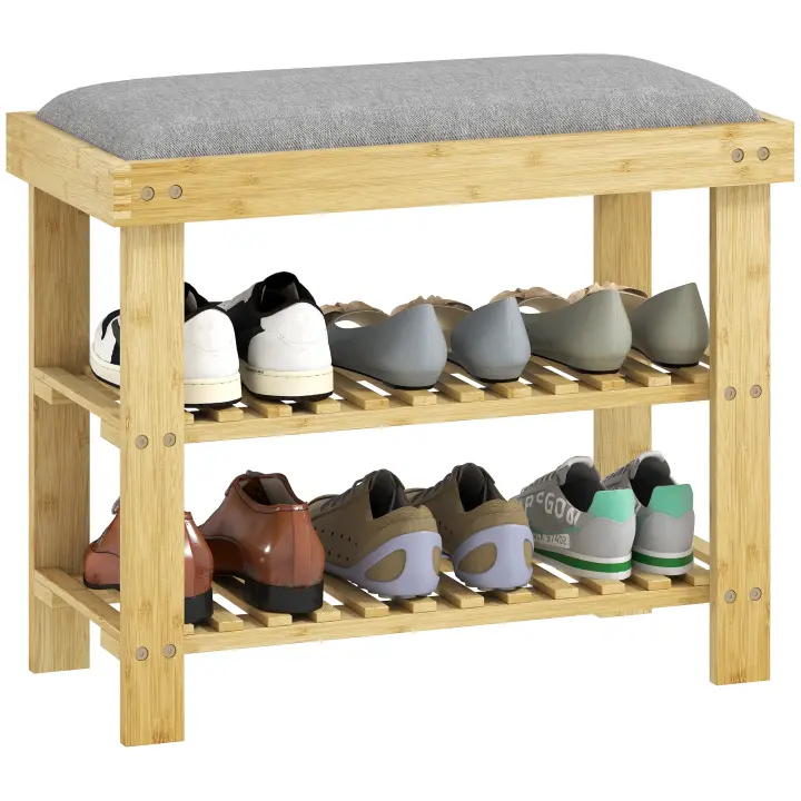 HOMCOM Banco Zapatero de Bambú Zapatero con Asiento Acolchado 2 Estantes para 6 Pares de Zapatos para Entrada Dormitorio 60x29x49 cm Natural - 1