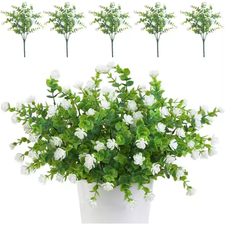 Juego de 5 ramos de flores artificiales, plantas verdes resistentes a los rayos UV para exteriores, interiores, balcones, jardines, oficinas, bodas, decoración de fiestas (blanco) - 1