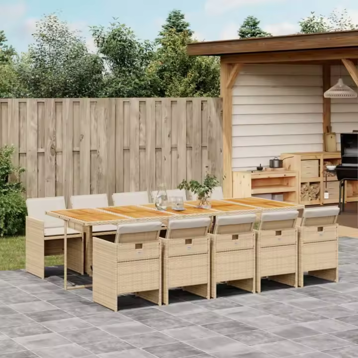 vidaXL Set comedor de jardín 11 pzas con cojines ratán sintético beige - 1