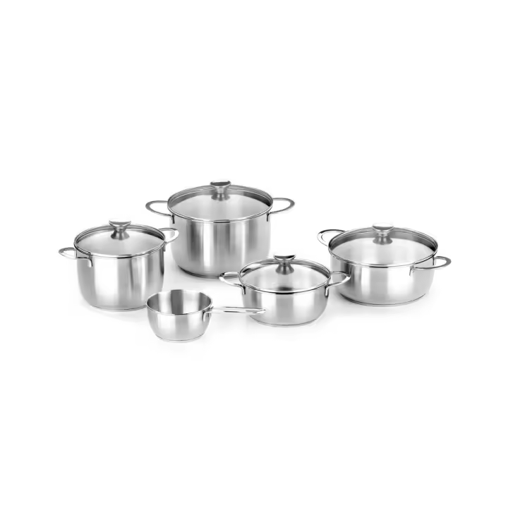 Bra - Batería de Cocina 5 Piezas Ancora, Acero Inoxidable, Cazo 16 cm, Ollas 20 y 24 cm, Cacerolas 20 y 24 cm, Incluye Tapa de Cristal - 1