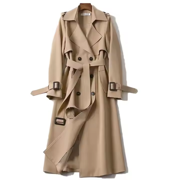 Abrigo De Moda Para Mujer Estilo Británico Largo Con Cinturón Cuello Enrollado Doble Botones Manga Completa Casual Primavera Otoño - 1