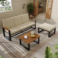 Juego de muebles de Jardín, juego de Esquina, sofá + Mesa de café + reposapiés, tubo de Maple galvanizado, tablero de Madera de Acacia, para Jardín, pool y otras áreas al libre, beige + Negro - details 1