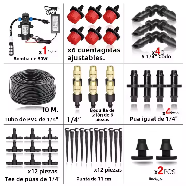 Kit De Riego Automático De Jardín Con Bomba De Agua Auto-Primeriza 60WSistema De Misted Cooling Ajustable De 1/4 Pulgada Material Plástico - 1