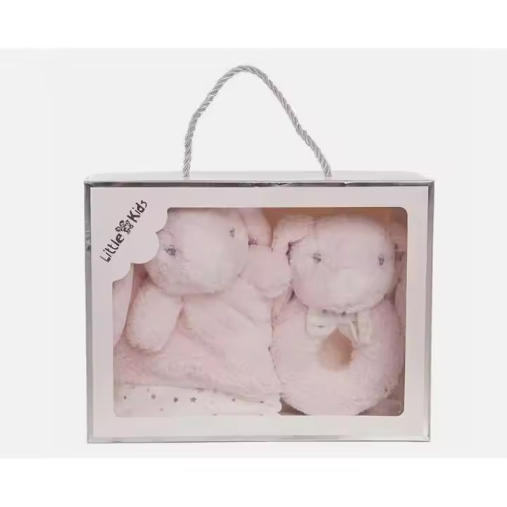 set 2 conejo rosa soft doudou con sonajero en caja para regalo bebe nacido,rey,anonuevo. - 1