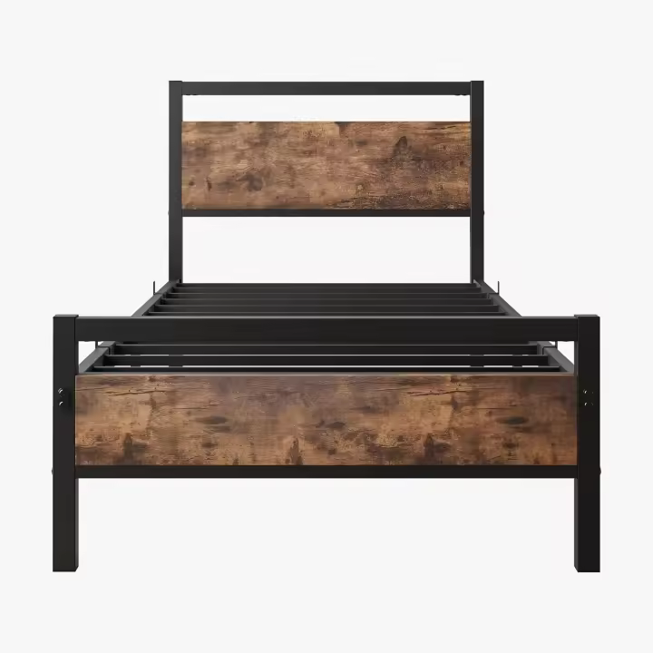 Marco de cama de metal de madera, cama de metal de 90 x 200 cm, marco de cama con somier, cama individual de invitados, cama individual, 90 x 200 cm, con cabecero, marco vintage marrón y negro - 1