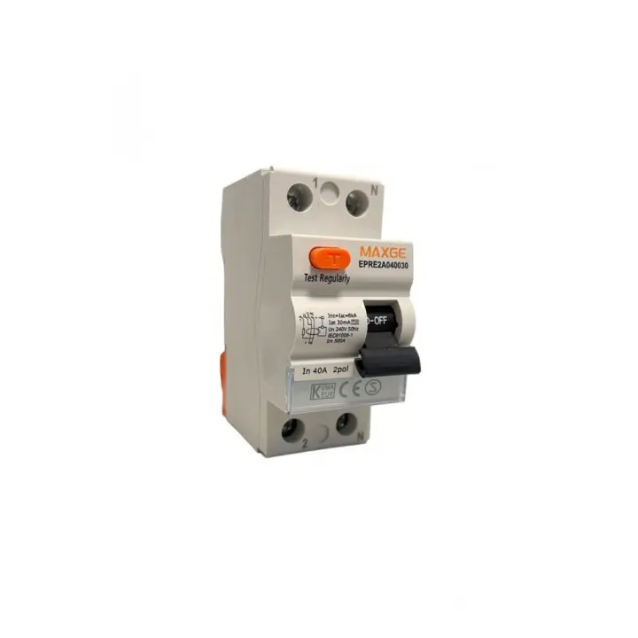 Interruptor Diferencial Superinmunizado Maxge EPRE2A040030: 40A, 30mA, 2P, 6kA. Protección eficiente contra fugas de corriente en viviendas y comercios. Fácil instalación y garantía en clase A retelec. ¡Barato y confiable! - 1