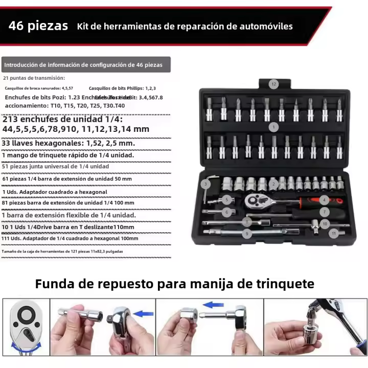 Kit de herramientas de reparación de automóviles, juego de llaves de trinquete de enchufe de accionamiento de 1/4 pulgadas, Kit combinado de herramientas de reparación de automóviles de bicicleta, 46 piezas - 1