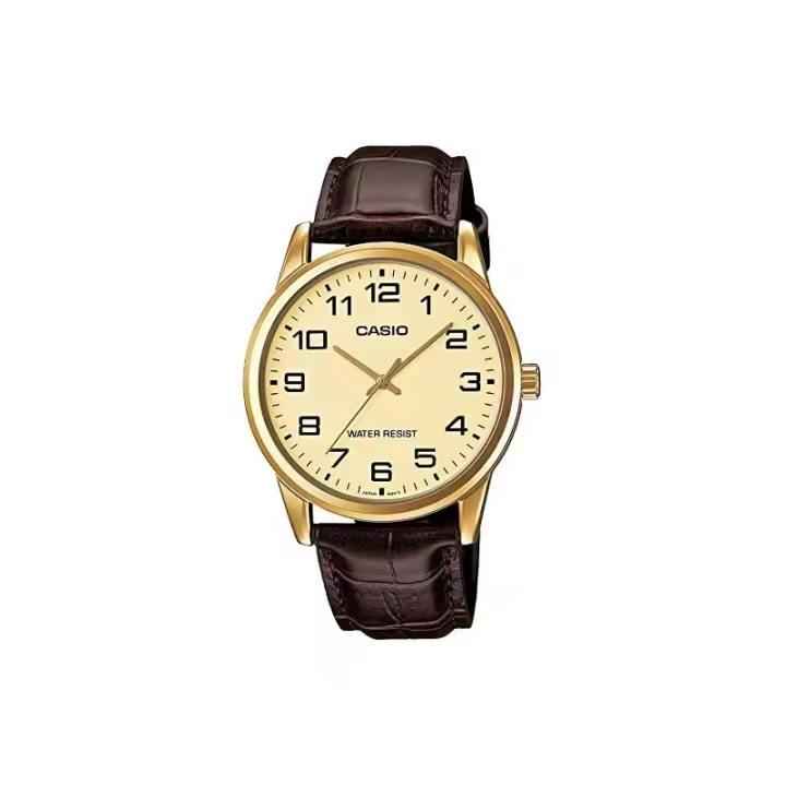 Reloj Casio Caballero MTP-V001GL-9B caja dorada correa piel marrón esfera dorada MTPV001GL9B - 1