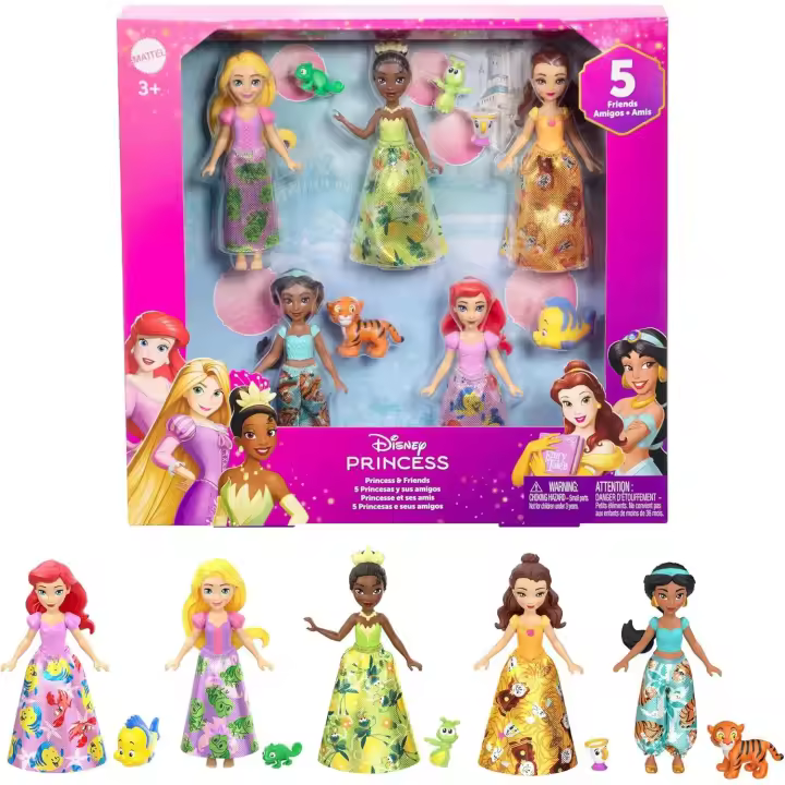 Mattel Disney Princesas y amigos Conjunto de juego con cinco muñecas pequeñas articuladas con faldas o pantalones extraíbles y cinco figuras de amigos, inspiradas en las películas de Disney (Mattel JBL33) - 1
