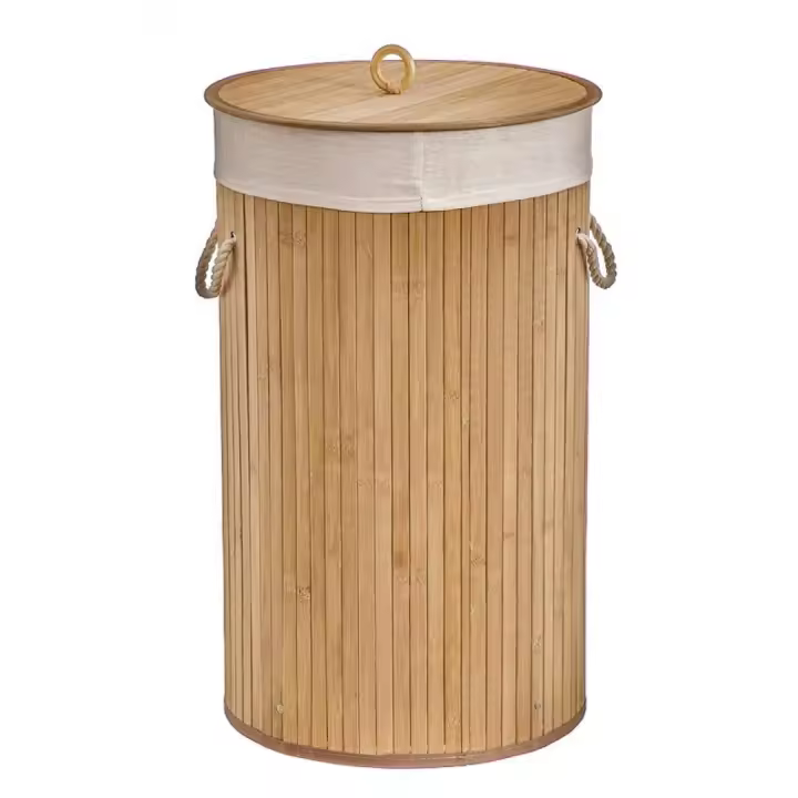 newty Cesto de Bambú con Tapa para la Ropa Sucia Compartimento Cubo Colada Lavandería Plegable con Asa de Cuerda Cesta de Almacenamiento Organizador Cubierta Bolsa Extraíble Laundry Basket Hamper Redondo Cuerda Trenzada Bolsa Interior Caña de Alta Calidad - 1