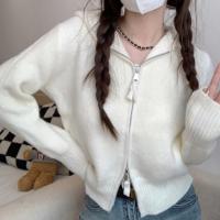 Chaqueta De Punto Corta Con Capucha Y Cremallera Estilo Minimalista Para Mujer Suave Estiramiento Ajustada Para Otoño - details 5