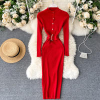 Vestido REALEFT De Punto Para Mujer Con Cuello Alto Y Mangas Largas Estampado Sólido Estilo Casual Vestido De Abrazo Largo Hasta La Rodilla Para Otoño E Invierno - details 0