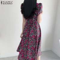 ZANZEA Vestido Midi Elegante Para Mujer Con Cintura Ajustada Estampado Floral Moda Coreana Manga Corta A-line Casual Fiesta - details 7