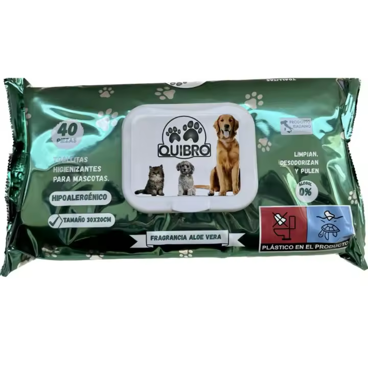 Quibropets Toallitas Higienizantes para Mascotas con Aloe Vera. Limpieza Rápida y Eficaz. Desodorizante y Refrescante. Tamaño Grande. - 1