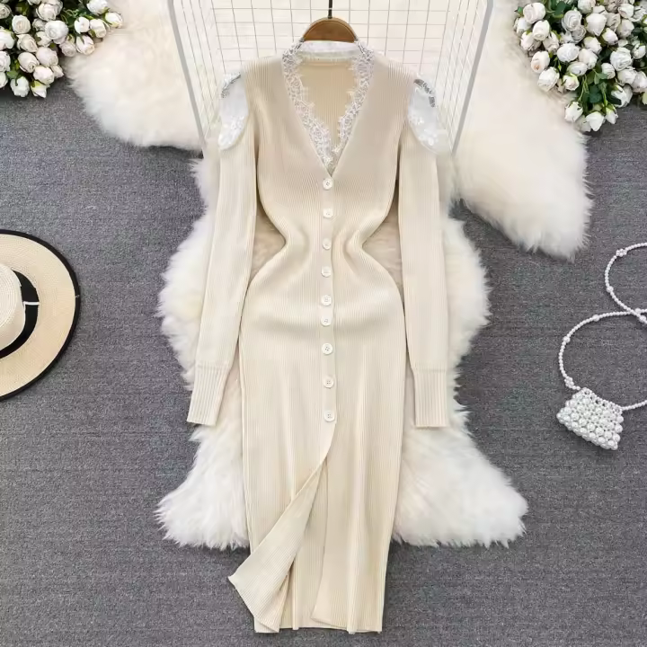Vestido Elegante De Encaje Con Cuello V Y Manga Larga REALEFT Para Mujer Diseño De Encaje Patchwork Adecuado Para Otoño E Invierno - 1
